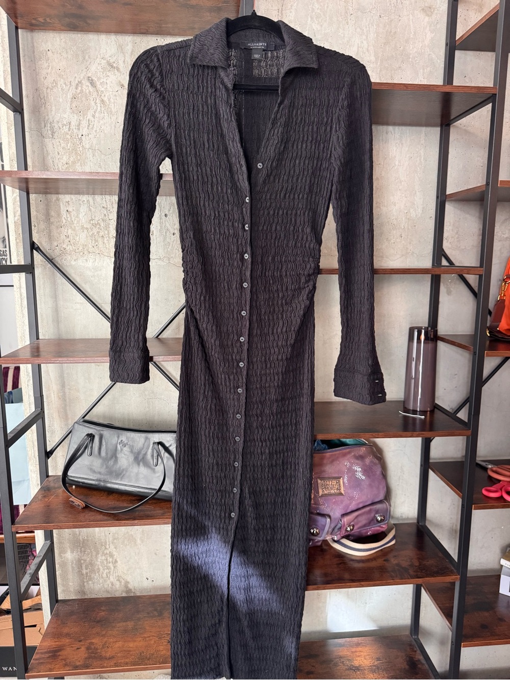 AllSaints Black Long-Sleeve Button-Front Textured Maxi Dress